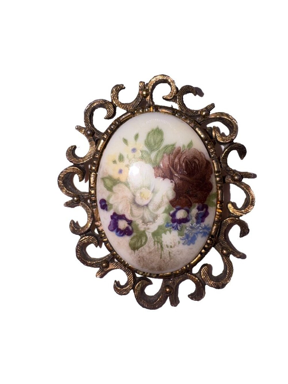 Vintage Floral Cameo Pin Brooch Antiqued Gold Tone Transferred Floral Estate